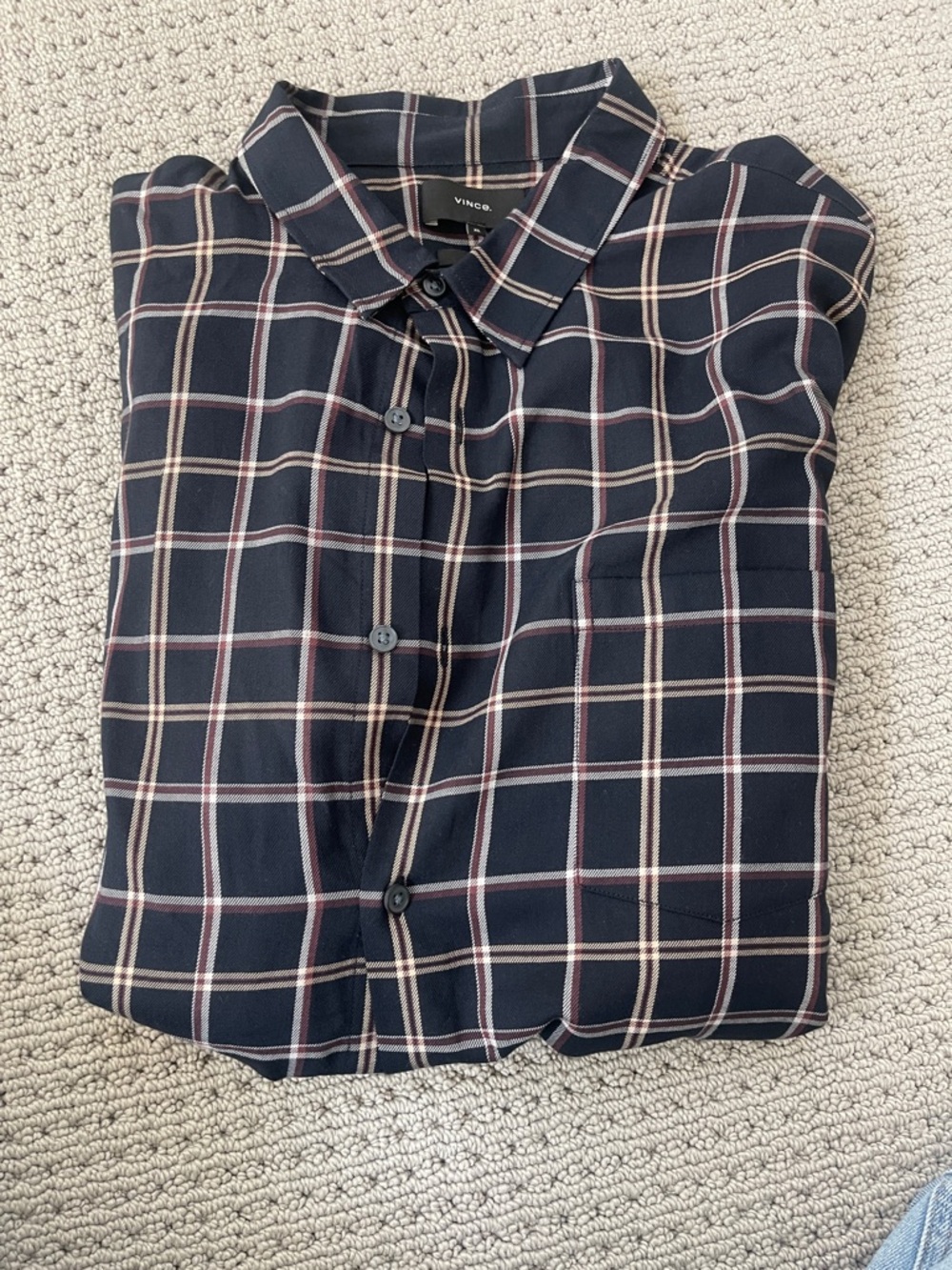 Vince Navy Plaid Button-Down Shirt with Cream and Burgundy Windowpane